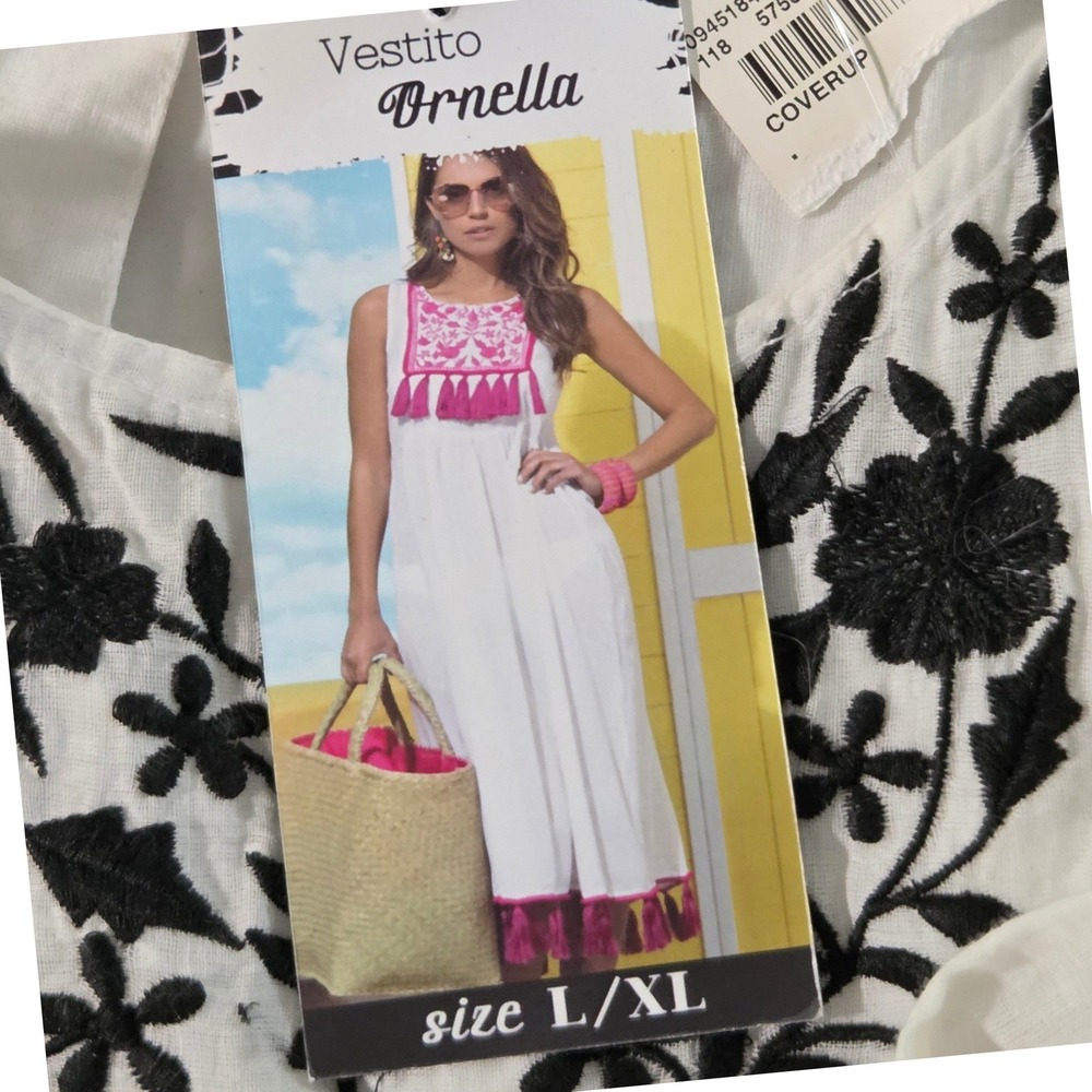 Sorbetto Sheer White Vestito Ornella Embroidered Tassel Midi Dress L/XL NEW - Picture 8 of 13